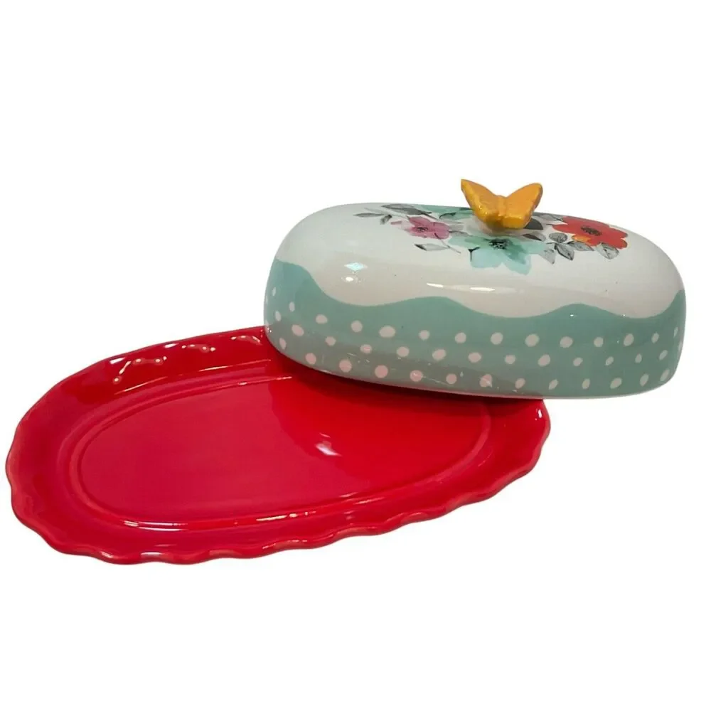 The Pioneer Woman Covered Butter Dish Flea Market Ceramic Floral Butterfly 8”